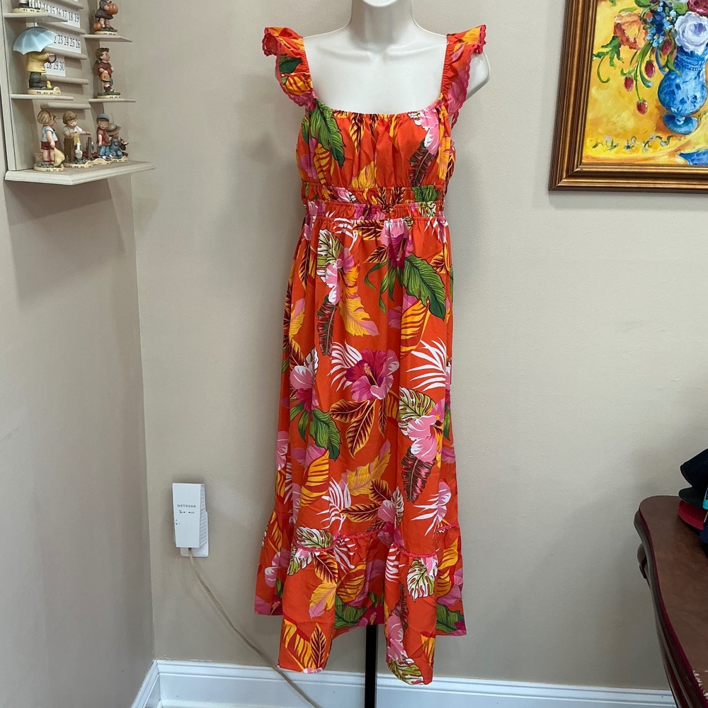 Umgee Dress Maxi S Orange Tropical Floral Smocked Ruffle Sleeve Lace Trim K0306